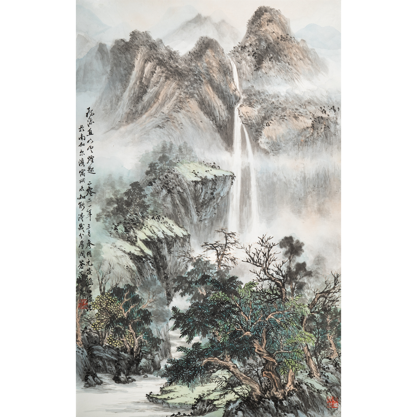 "Flying Waterfalls Rush Downward—Mists and Clouds Ascend" - Ink and Color on Rice Paper Original