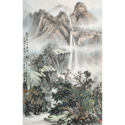 "Flying Waterfalls Rush Downward—Mists and Clouds Ascend" - Ink and Color on Rice Paper Original