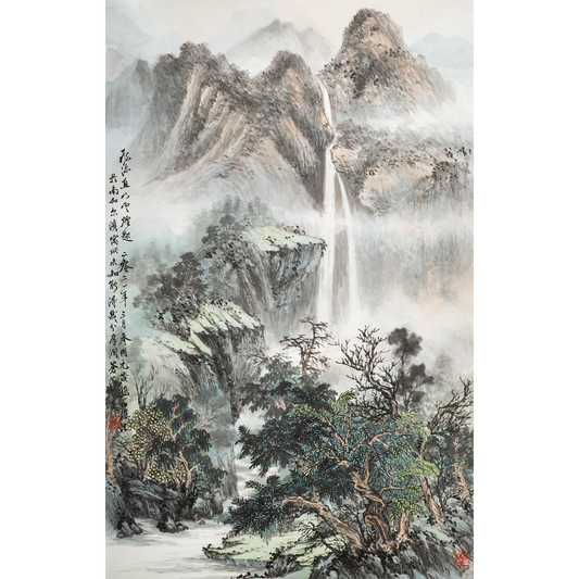 "Flying Waterfalls Rush Downward—Mists and Clouds Ascend" - Ink and Color on Rice Paper Original