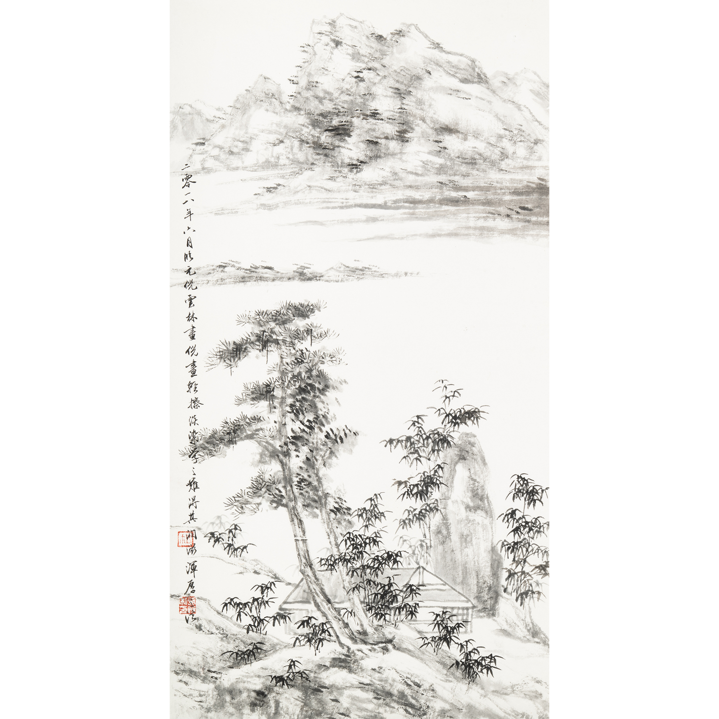 "Study After Ni Zan: Pine, Bamboo, and a Quiet Hut" - Limited Edition Giclée Print on Bamboo Paper